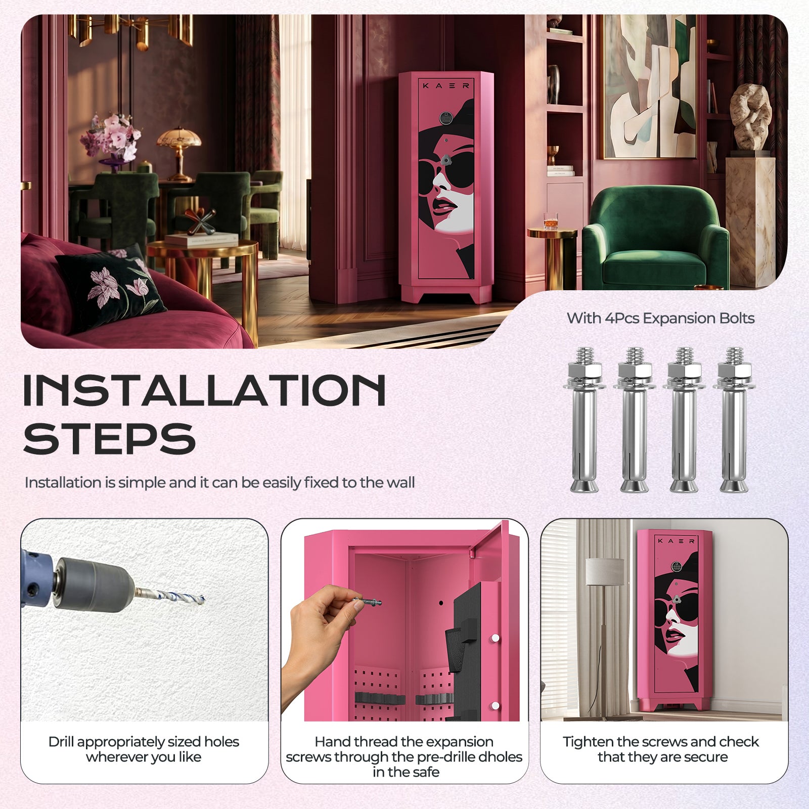 KAER Pink Corner Gun Safe for 6–8 Rifles & 4 Handguns