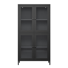 Classic Metal Storage Cabinet Display Cabinet with 4 Glass Doors 4 Shelves Cabinet Bookcase Side Cabinet for Home Office Living Room Kitchen Hallway - Black, Flat Tempered Glass