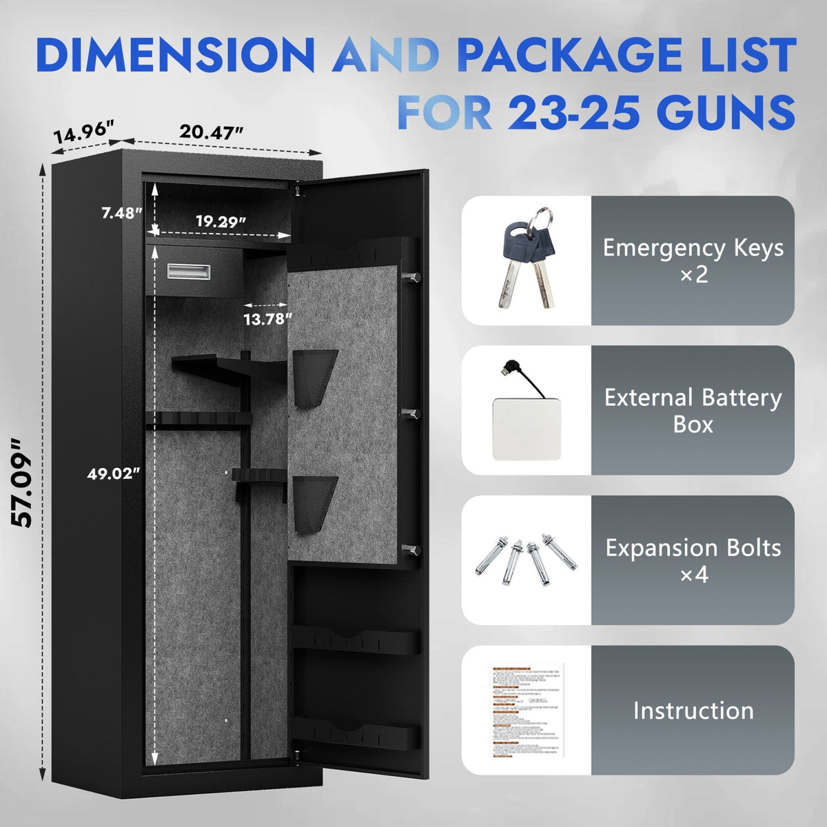 KAER 23-25 Assembled Gun Safe, Quick Access Biometric Gun Safe for Rifle and Pistol, Large Heavy-Duty Gun Cabinet for Shotgun with Removable Shelf & Gun Rack - KaerWorld
