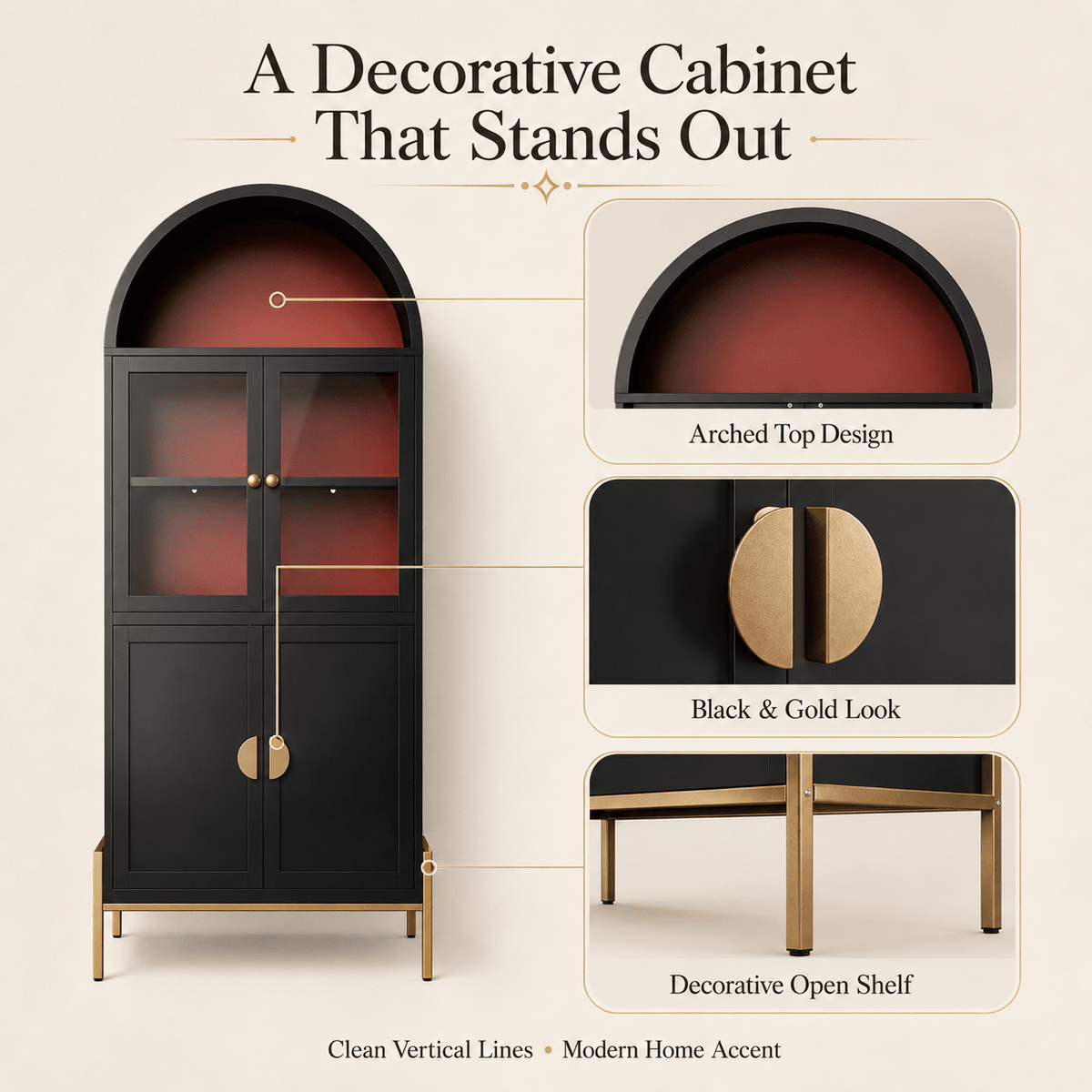 KAER 54" Arched Storage Cabinet with Doors, Metal Display Cabinet - KaerWorld