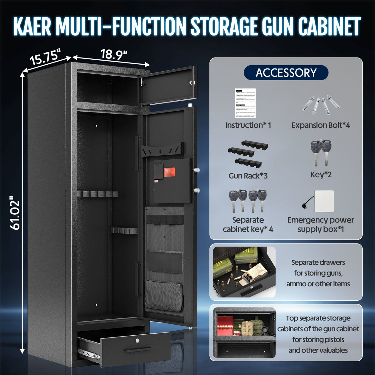 KAER 8-12 Gun Safe, Large Unassembled Gun Safe for Home, Gun Cabinet with Adjustable Rifle Rack and Drawer - KaerWorld