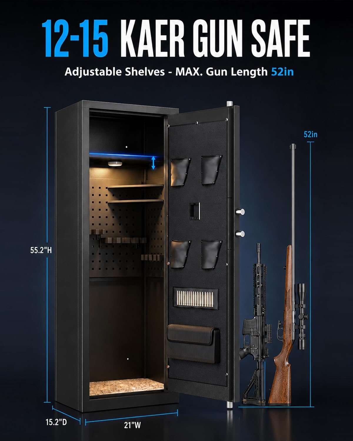 KAER Biometric Gun Safe for Rifles and Pistols, 12-15 Rifle Safe Quick Access (Fits Scoped Rifles) with 24/7 Burglar Alarm, Adjustable Shelves & Pistol Pockets, Gun Cabinet for Home, Office - KaerWorld