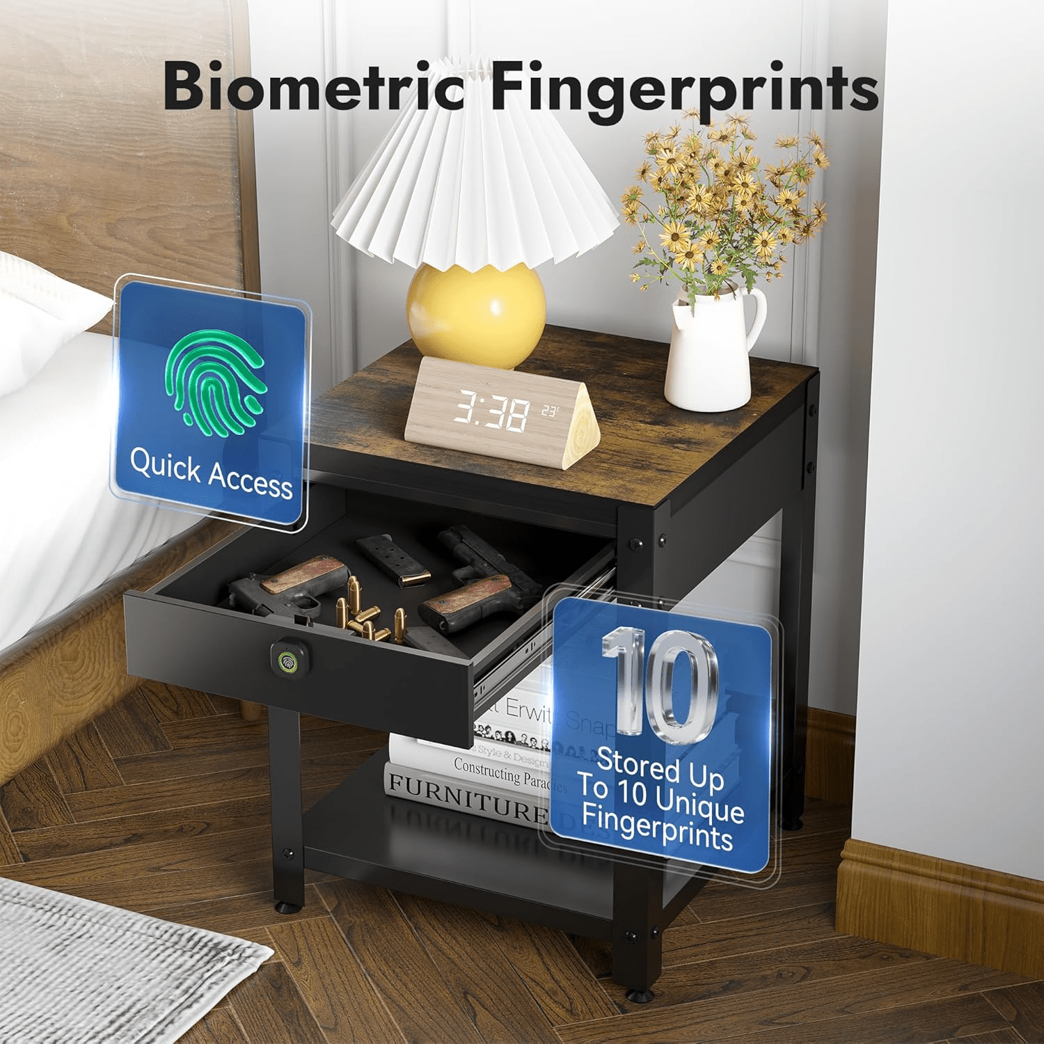 Nightstand With Gun Drawer Fingerprint - KaerWorld