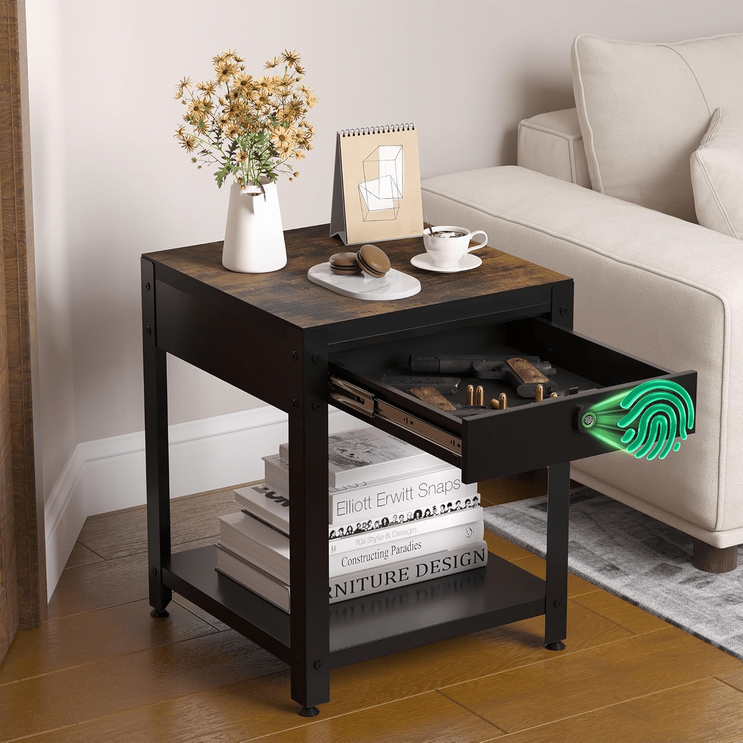 Nightstand With Gun Drawer Fingerprint - KaerWorld