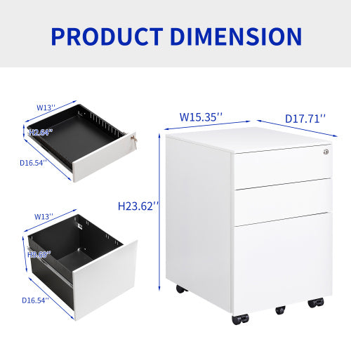 3 Drawer Mobile File Cabinet with Lock Steel File Cabinet for Legal/Letter/A4/F4 Size, Fully Assembled except for Wheels, Home/ Office Design