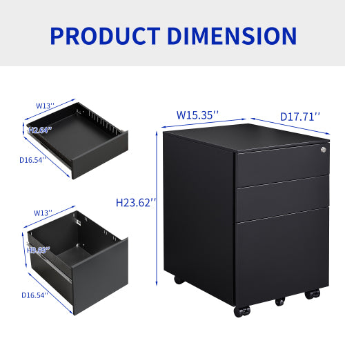 3 Drawer Mobile File Cabinet with Lock Steel File Cabinet for Legal/Letter/A4/F4 Size, Fully Assembled except for Wheels, Home/ Office Design