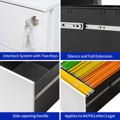 3 Drawer Mobile File Cabinet with Lock Steel File Cabinet for Legal/Letter/A4/F4 Size, Fully Assembled except for Wheels, Home/ Office Design