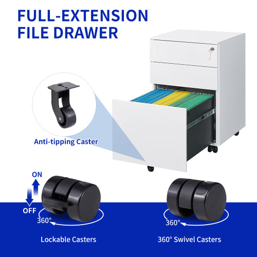 3 Drawer Mobile File Cabinet with Lock Steel File Cabinet for Legal/Letter/A4/F4 Size, Fully Assembled except for Wheels, Home/ Office Design