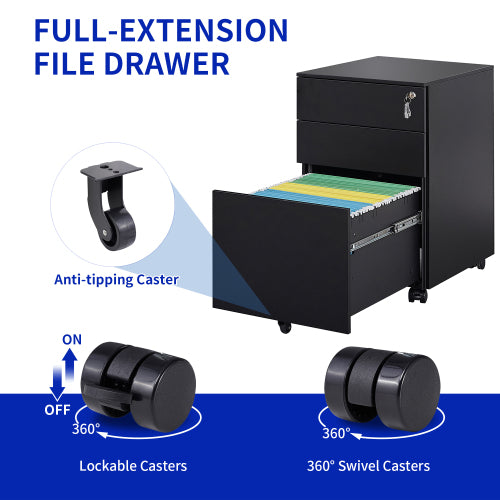 3 Drawer Mobile File Cabinet with Lock Steel File Cabinet for Legal/Letter/A4/F4 Size, Fully Assembled except for Wheels, Home/ Office Design