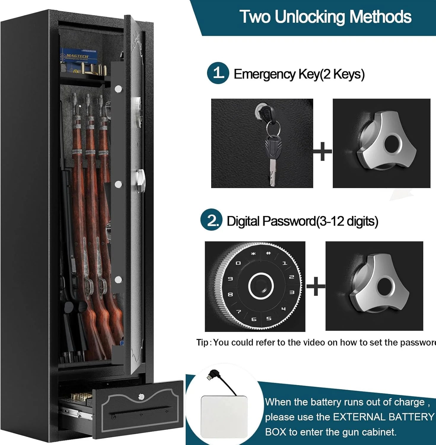 KaerWorld 4~8 Gun Safe,Gun Safes & Cabinets,Gun Safes for Home Rifle and Pistols,Rifle Gun Safe With Drawer,Gun Cabinet for Rifles,Shotguns With Scopesand Shotguns,Gun Safe With Removable Shelf and Gun Rack (3~8 Gun Safe - Digital)