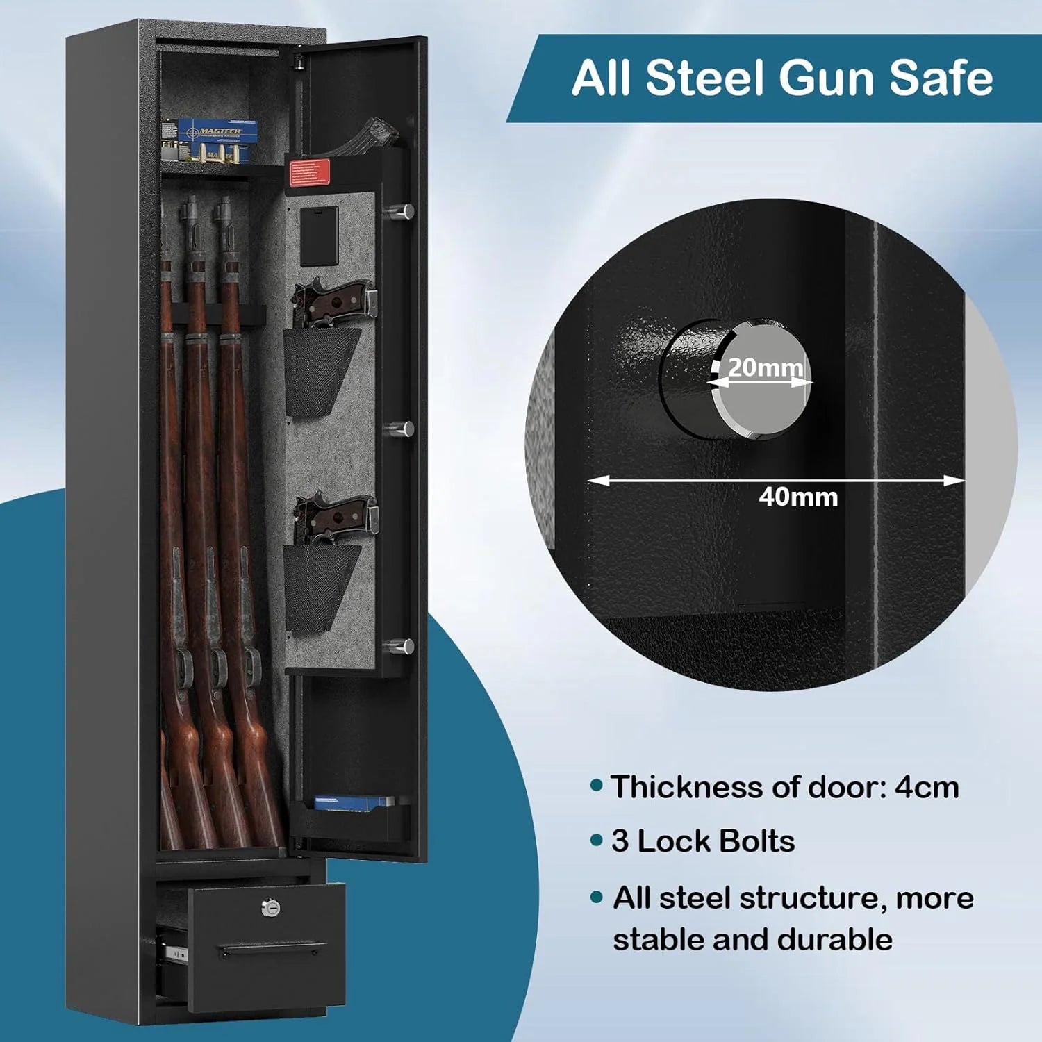 KaerWorld 4~8 Gun Safe,Gun Safes & Cabinets,Gun Safes for Home Rifle and Pistols,Rifle Gun Safe With Drawer,Gun Cabinet for Rifles,Shotguns With Scopesand Shotguns,Gun Safe With Removable Shelf and Gun Rack (3~8 Gun Safe - Digital)