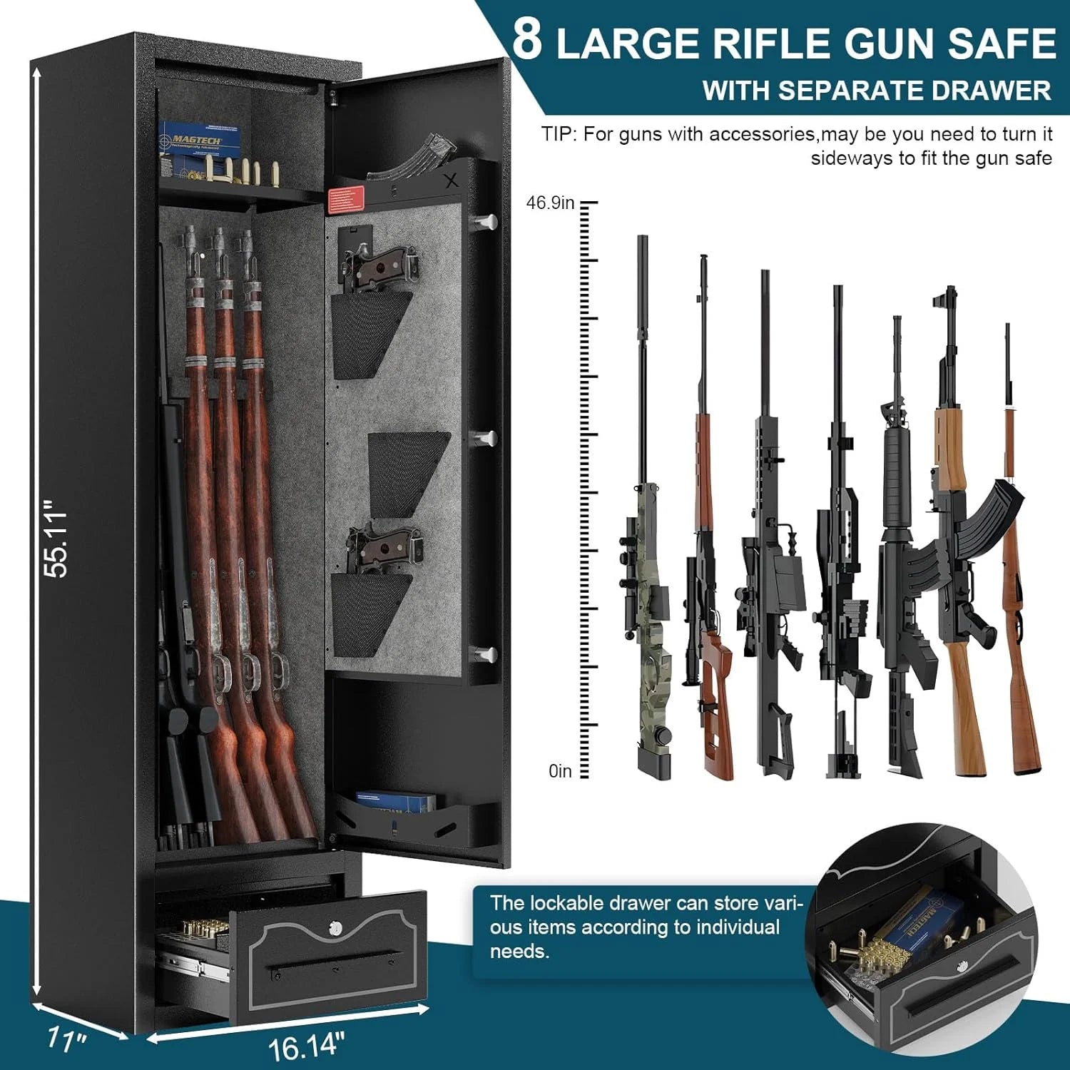 KaerWorld 4~8 Gun Safe,Gun Safes & Cabinets,Gun Safes for Home Rifle and Pistols,Rifle Gun Safe With Drawer,Gun Cabinet for Rifles,Shotguns With Scopesand Shotguns,Gun Safe With Removable Shelf and Gun Rack (3~8 Gun Safe - Digital)