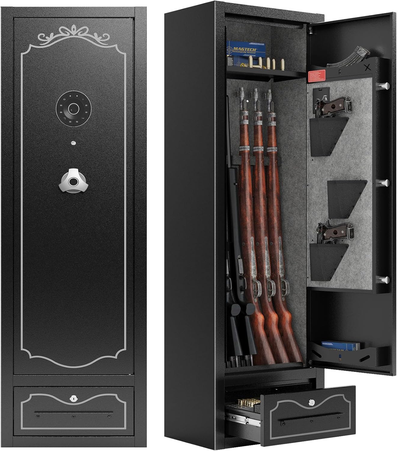 KaerWorld 4~8 Gun Safe,Gun Safes & Cabinets,Gun Safes for Home Rifle and Pistols,Rifle Gun Safe With Drawer,Gun Cabinet for Rifles,Shotguns With Scopesand Shotguns,Gun Safe With Removable Shelf and Gun Rack (3~8 Gun Safe - Digital)