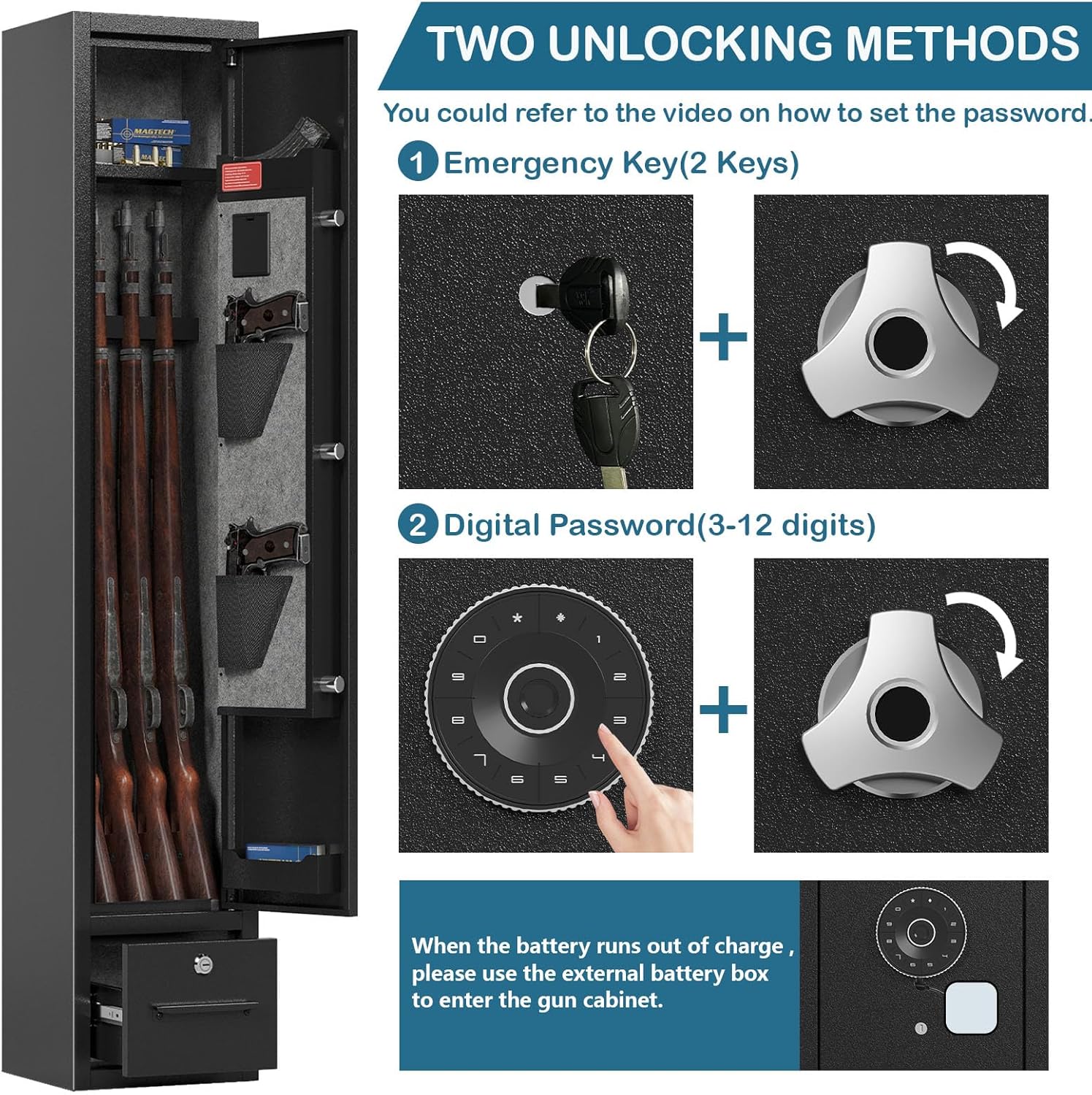 KaerWorld 4~8 Gun Safe,Gun Safes & Cabinets,Gun Safes for Home Rifle and Pistols,Rifle Gun Safe With Drawer,Gun Cabinet for Rifles,Shotguns With Scopesand Shotguns,Gun Safe With Removable Shelf and Gun Rack (3~8 Gun Safe - Digital)