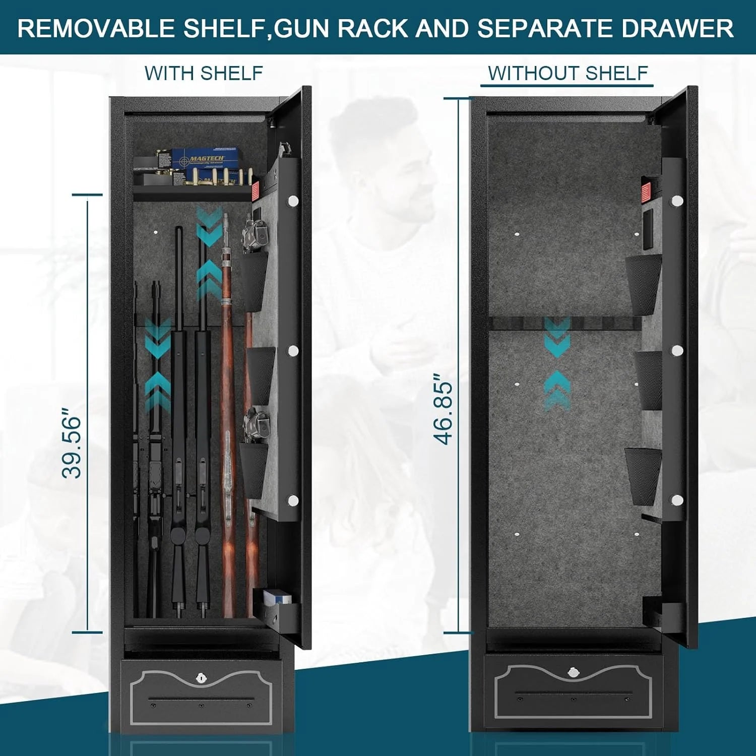 KaerWorld 4~8 Gun Safe,Gun Safes & Cabinets,Gun Safes for Home Rifle and Pistols,Rifle Gun Safe With Drawer,Gun Cabinet for Rifles,Shotguns With Scopesand Shotguns,Gun Safe With Removable Shelf and Gun Rack (3~8 Gun Safe - Digital)