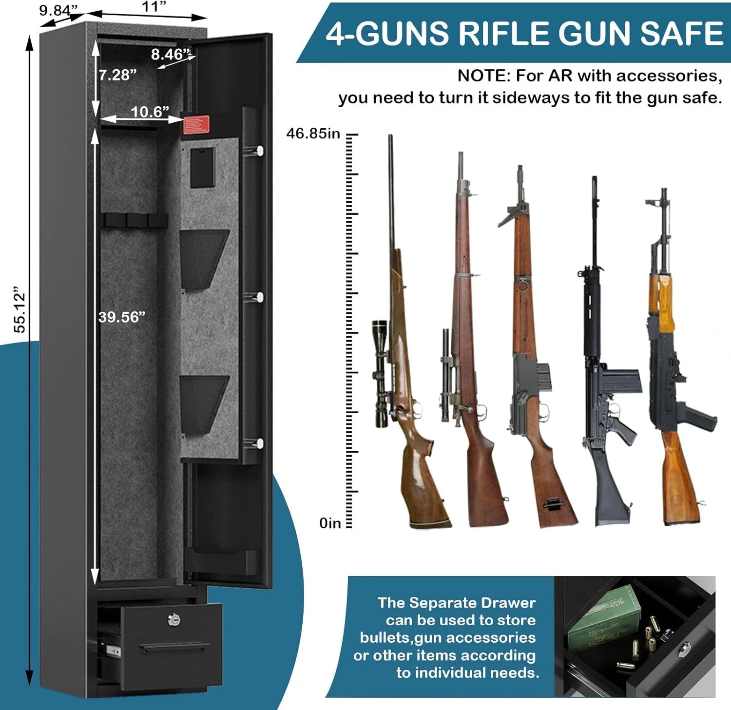 KaerWorld 4~8 Gun Safe,Gun Safes & Cabinets,Gun Safes for Home Rifle and Pistols,Rifle Gun Safe With Drawer,Gun Cabinet for Rifles,Shotguns With Scopesand Shotguns,Gun Safe With Removable Shelf and Gun Rack (3~8 Gun Safe - Digital)