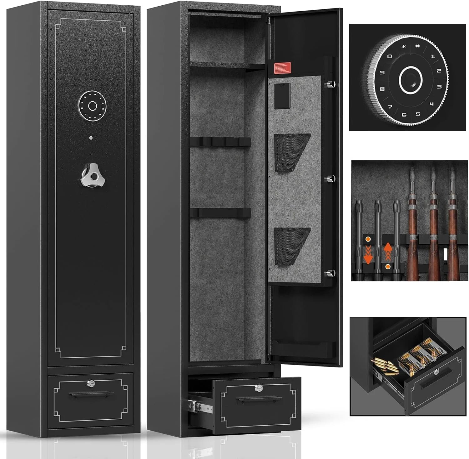 KaerWorld 4~8 Gun Safe,Gun Safes & Cabinets,Gun Safes for Home Rifle and Pistols,Rifle Gun Safe With Drawer,Gun Cabinet for Rifles,Shotguns With Scopesand Shotguns,Gun Safe With Removable Shelf and Gun Rack (3~8 Gun Safe - Digital)