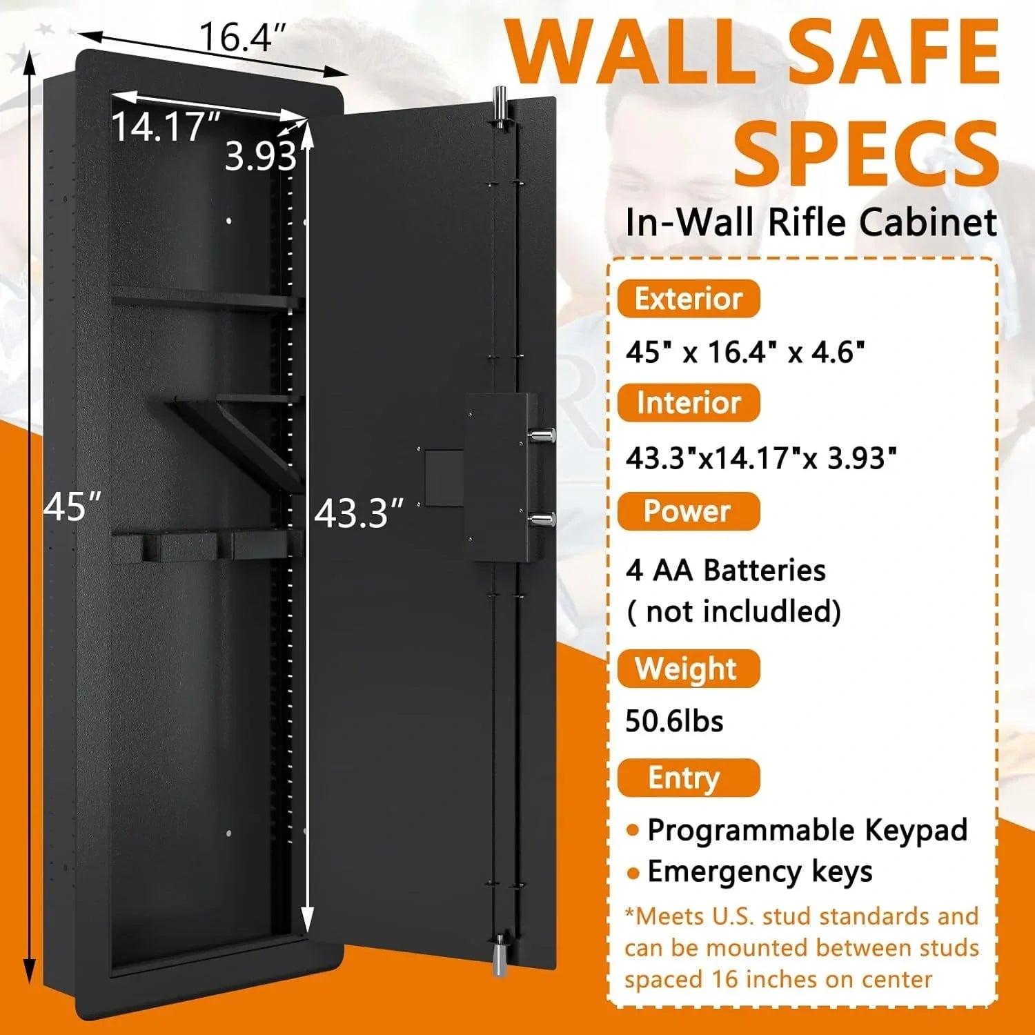 KaerWorld 45" Wall Gun Safe - In-Wall Safe for Rifles and Pistols with Digital Keypad, Adjustable Rack, and Removable Shelf