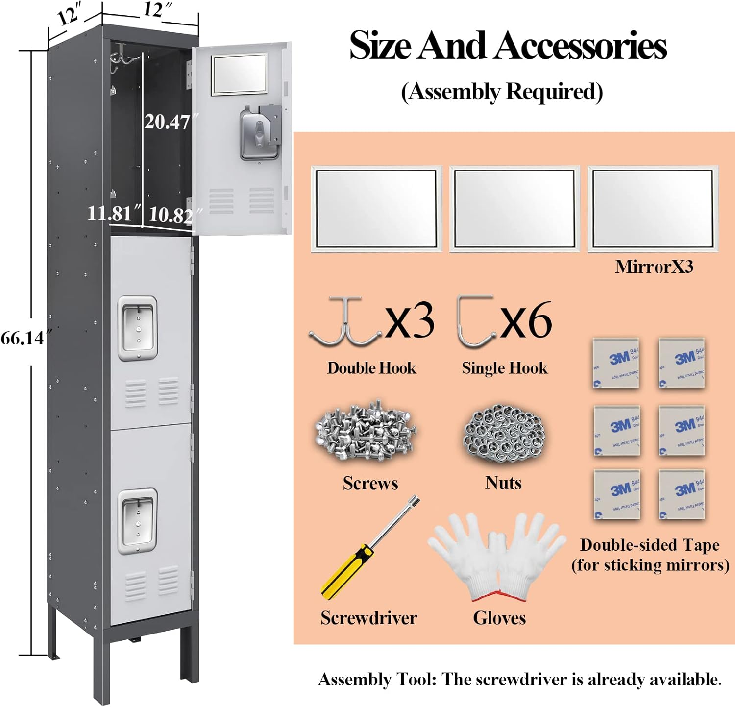 KaerWorld Metal Lockers for Employees - Storage Cabinet for Home, Gym, Office, School & Garage with Mirror, Screwdriver & Gloves 1680