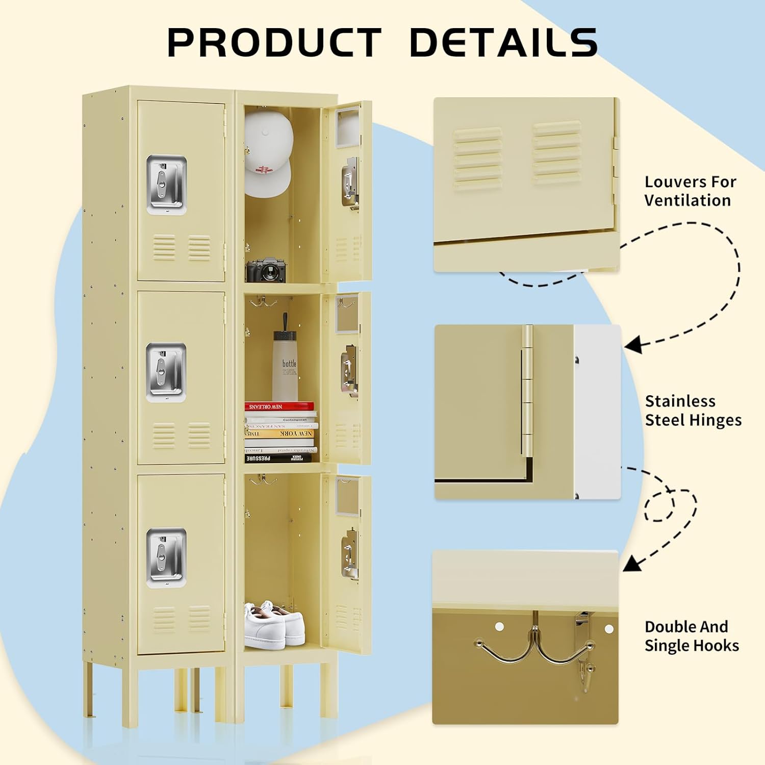 KaerWorld Metal Locker Storage Cabinet - 3-Door Storage Locker for Home, Office, Gym, and School Use 1680