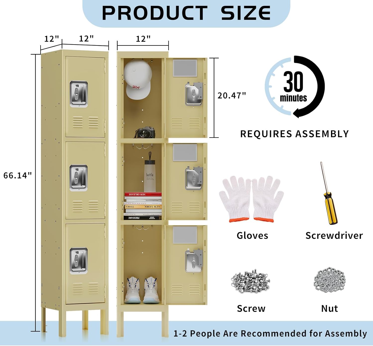 KaerWorld Metal Locker Storage Cabinet - 3-Door Storage Locker for Home, Office, Gym, and School Use 1680