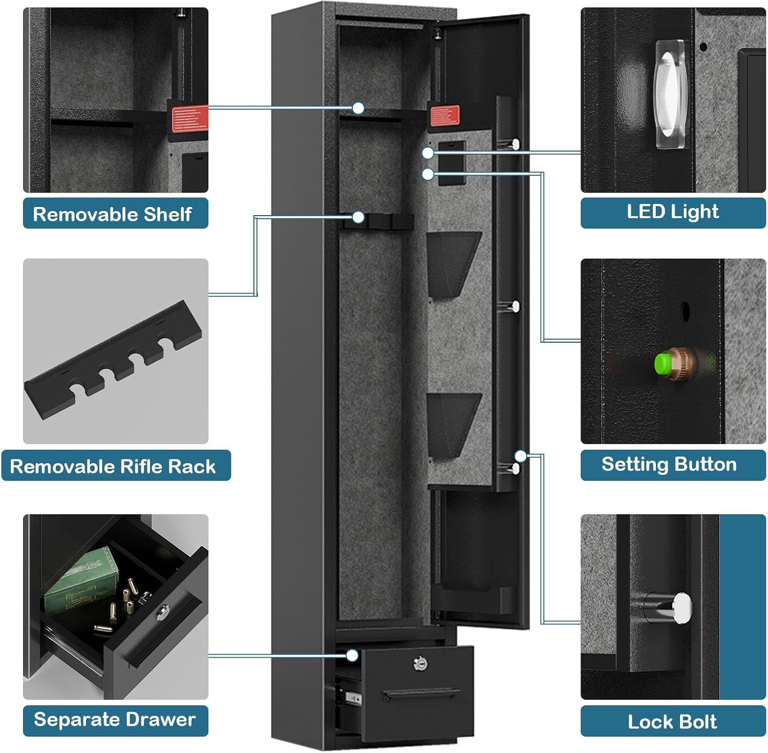 KaerWorld 4~8 Gun Safe,Gun Safes & Cabinets,Gun Safes for Home Rifle and Pistols,Rifle Gun Safe With Drawer,Gun Cabinet for Rifles,Shotguns With Scopesand Shotguns,Gun Safe With Removable Shelf and Gun Rack (3~8 Gun Safe - Digital)