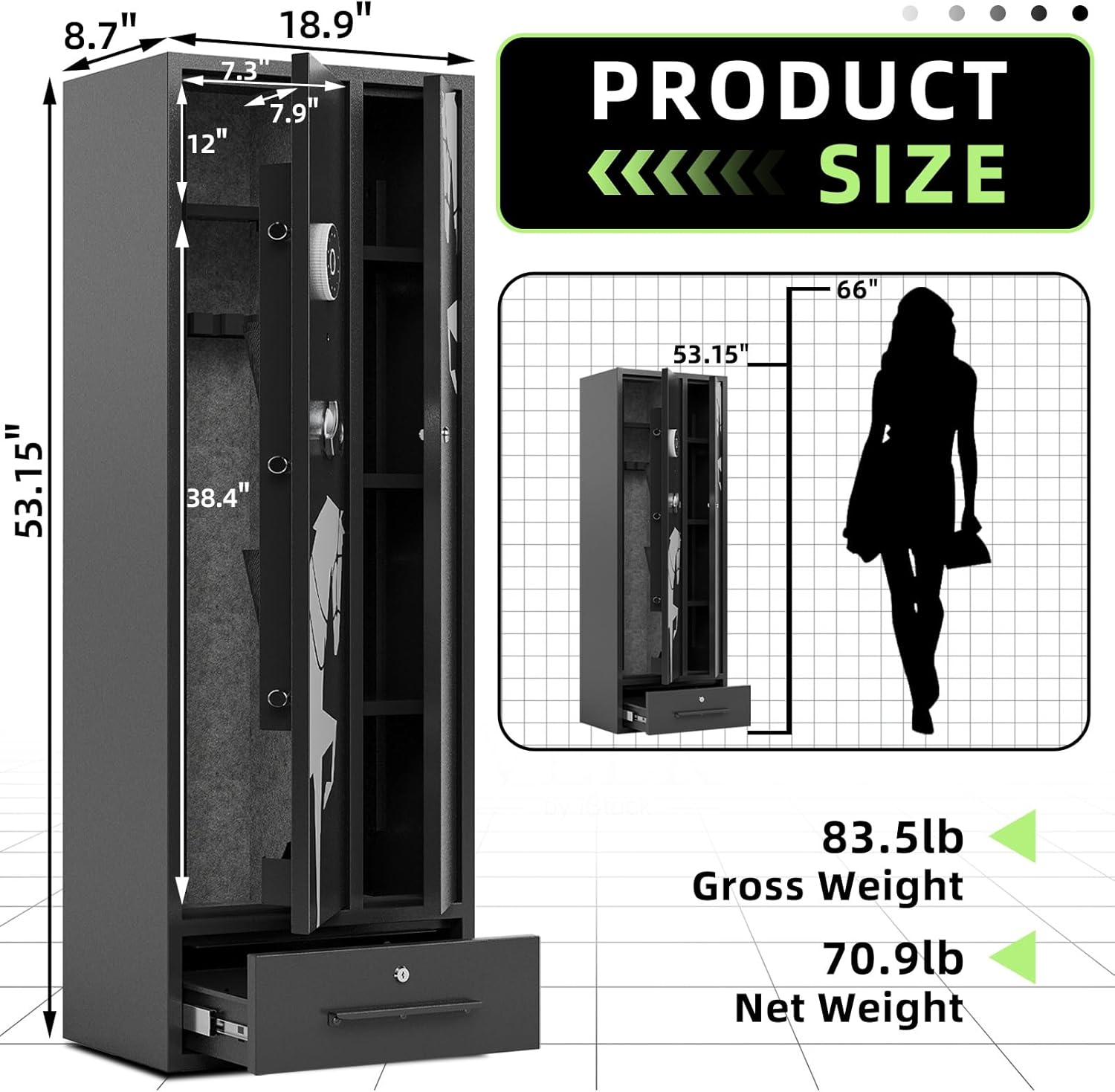 KaerWorld 6 Gun Safe Gun Cabinet,Non-assembled Gun Safe for Rifles and Pistols,Multi-Function Rifle Safes for Home Shotgun and Shotguns Storage,Long Rifle Safes With Drawer,Magnetic Lamp,Handgun Pouch