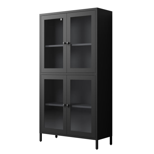 Classic Metal Storage Cabinet Display Cabinet with 4 Glass Doors 4 Shelves Cabinet Bookcase Side Cabinet for Home Office Living Room Kitchen Hallway - Black, Flat Tempered Glass