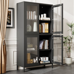 Classic Metal Storage Cabinet Display Cabinet with 4 Glass Doors 4 Shelves Cabinet Bookcase Side Cabinet for Home Office Living Room Kitchen Hallway - Black, Flat Tempered Glass