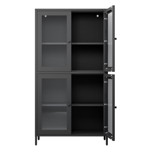 Classic Metal Storage Cabinet Display Cabinet with 4 Glass Doors 4 Shelves Cabinet Bookcase Side Cabinet for Home Office Living Room Kitchen Hallway - Black, Flat Tempered Glass