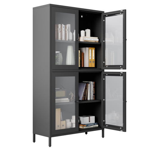 Classic Metal Storage Cabinet Display Cabinet with 4 Glass Doors 4 Shelves Cabinet Bookcase Side Cabinet for Home Office Living Room Kitchen Hallway - Black, Flat Tempered Glass