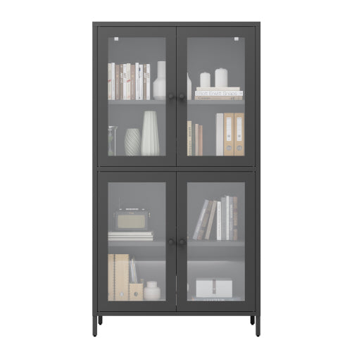 Classic Metal Storage Cabinet Display Cabinet with 4 Glass Doors 4 Shelves Cabinet Bookcase Side Cabinet for Home Office Living Room Kitchen Hallway - Black, Flat Tempered Glass