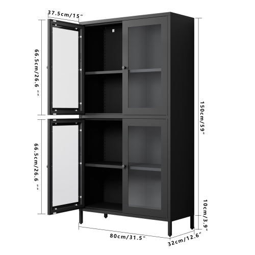 Classic Metal Storage Cabinet Display Cabinet with 4 Glass Doors 4 Shelves Cabinet Bookcase Side Cabinet for Home Office Living Room Kitchen Hallway - Black, Flat Tempered Glass