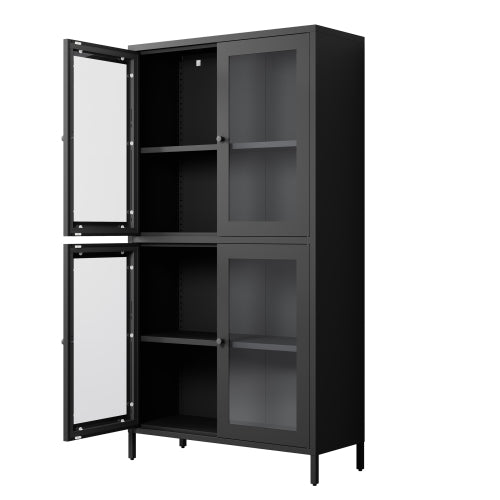 Classic Metal Storage Cabinet Display Cabinet with 4 Glass Doors 4 Shelves Cabinet Bookcase Side Cabinet for Home Office Living Room Kitchen Hallway - Black, Flat Tempered Glass