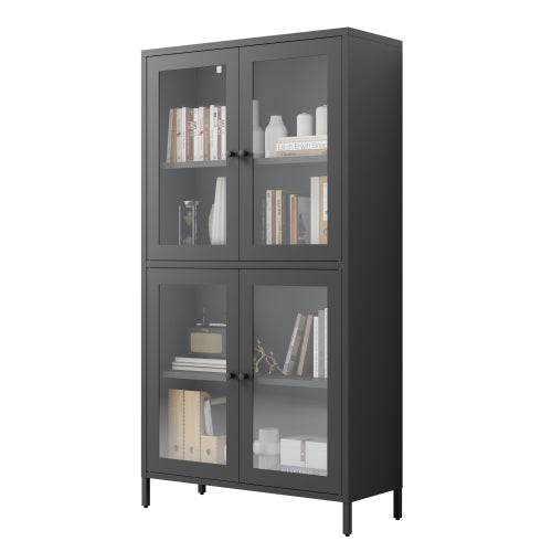 Classic Metal Storage Cabinet Display Cabinet with 4 Glass Doors 4 Shelves Cabinet Bookcase Side Cabinet for Home Office Living Room Kitchen Hallway - Black, Flat Tempered Glass