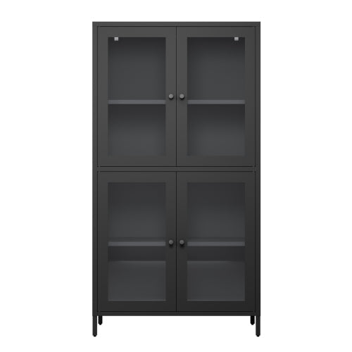 Classic Metal Storage Cabinet Display Cabinet with 4 Glass Doors 4 Shelves Cabinet Bookcase Side Cabinet for Home Office Living Room Kitchen Hallway - Black, Flat Tempered Glass