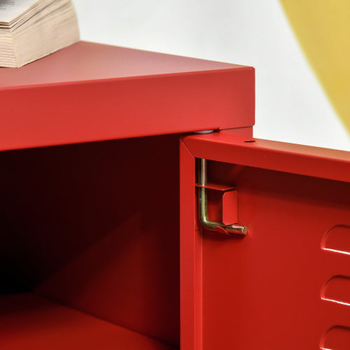 HOMCOM Industrial End Table, Living Room Side Table with Locker-Style Door and Adjustable Shelf, Red