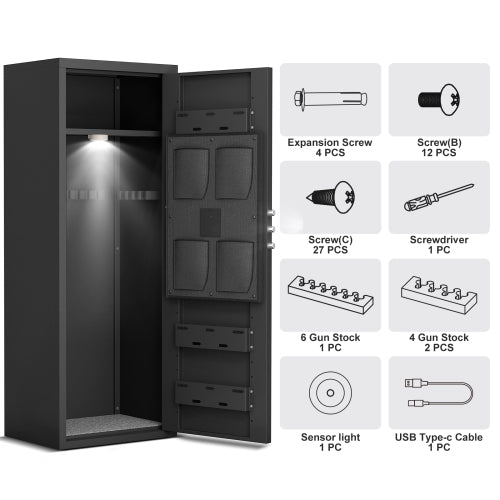 Heavy duty all steel unassembled gun cabinet - biometric lock, dual alarm function, 7-8 gun capacity, silent operation, emergency battery box, adjustable stock