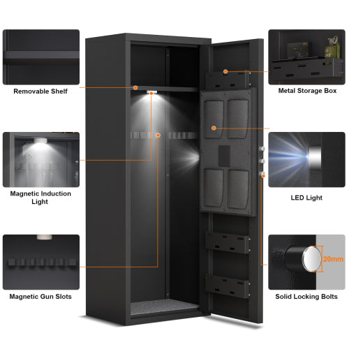 Heavy duty all steel unassembled gun cabinet - biometric lock, dual alarm function, 7-8 gun capacity, silent operation, emergency battery box, adjustable stock