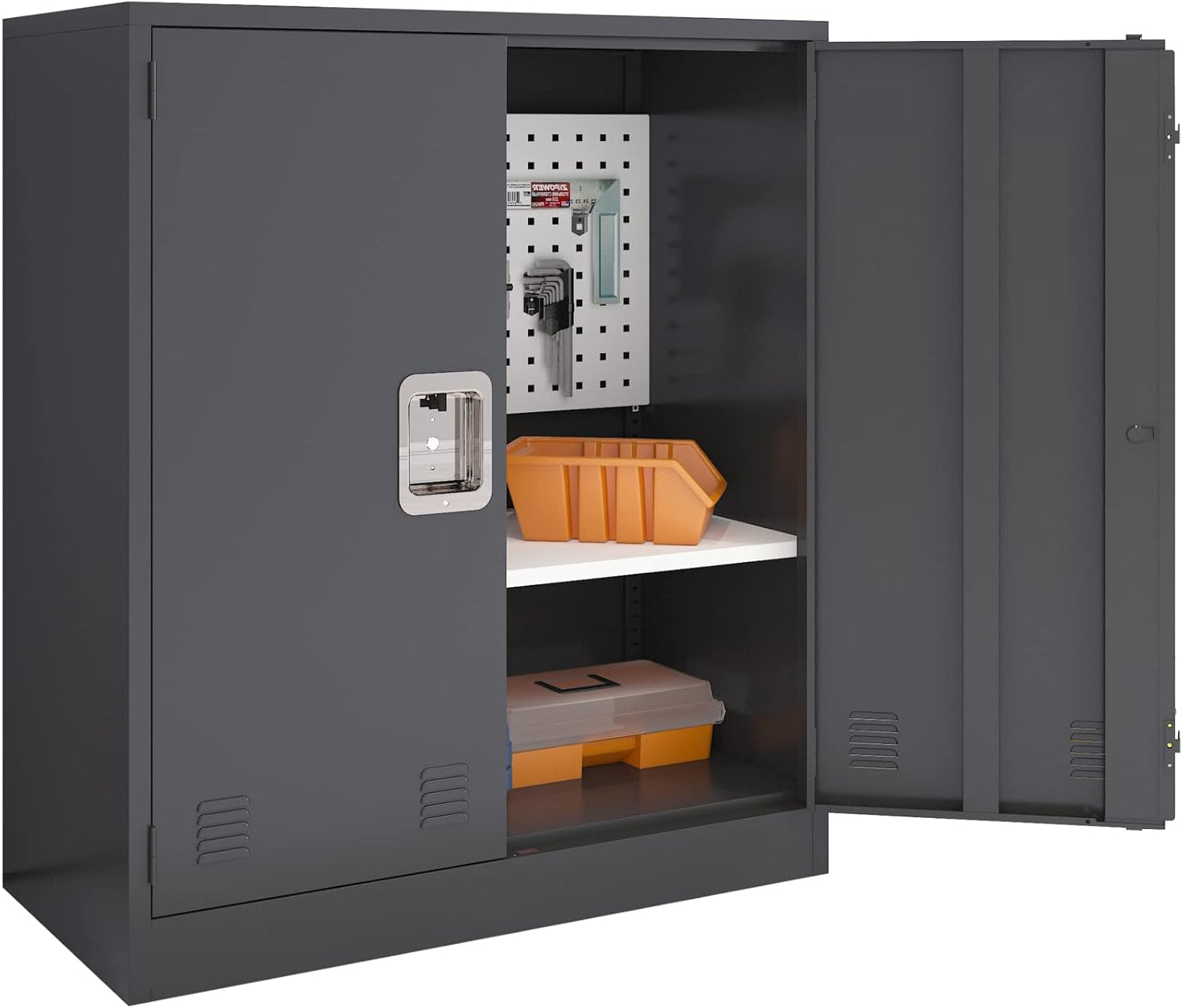 KaerWorld Metal Storage Cabinet,Lockable Storage Cabinets,Steel Storage Locker,Metal Garage Storage Cabinet,Tool Cabinet with Two Doors/Adjustable Shelf Height/DIY Shelfs for Office, Garage, Home (L)
