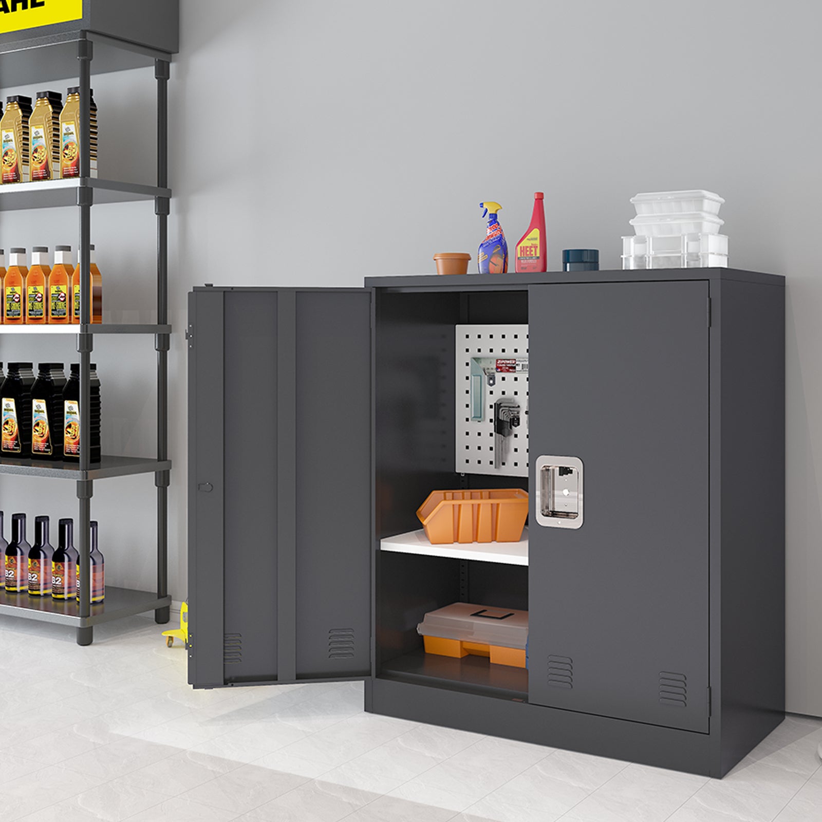 KaerWorld Metal Storage Cabinet,Lockable Storage Cabinets,Steel Storage Locker,Metal Garage Storage Cabinet,Tool Cabinet with Two Doors/Adjustable Shelf Height/DIY Shelfs for Office, Garage, Home (L)