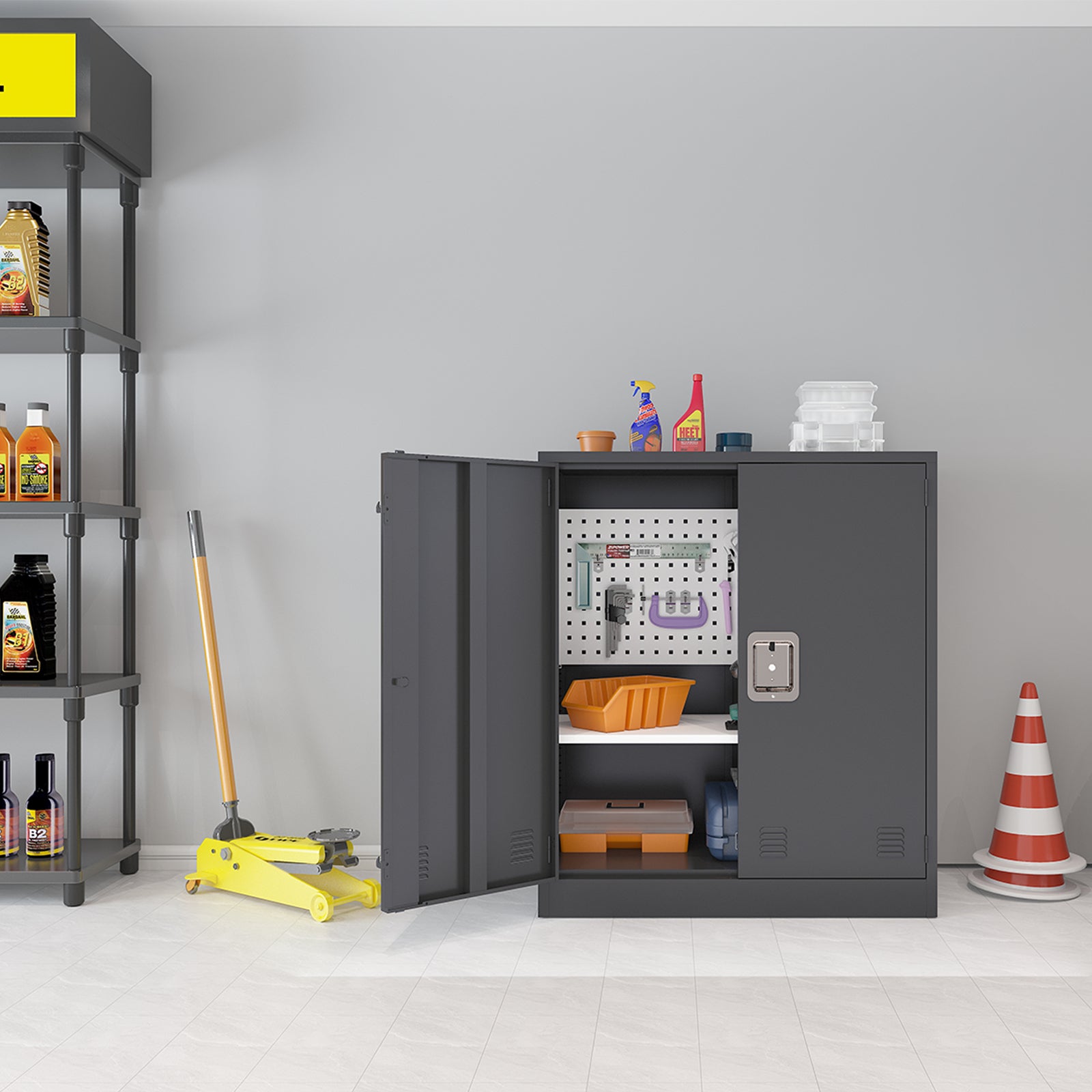 KaerWorld Metal Storage Cabinet,Lockable Storage Cabinets,Steel Storage Locker,Metal Garage Storage Cabinet,Tool Cabinet with Two Doors/Adjustable Shelf Height/DIY Shelfs for Office, Garage, Home (L)