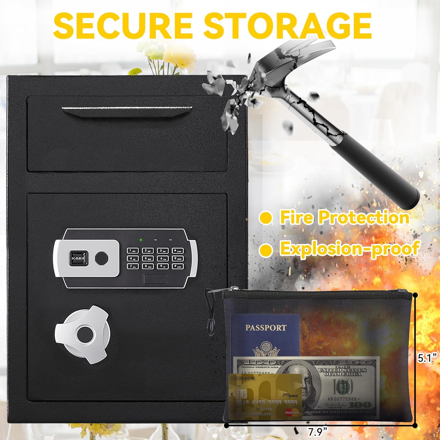 KaerWorld 2.6 Cub Depository Drop Safe - Fireproof Lock Box with Digital Combination, Anti-Fishing & Silent Deposit for Business & Home Use