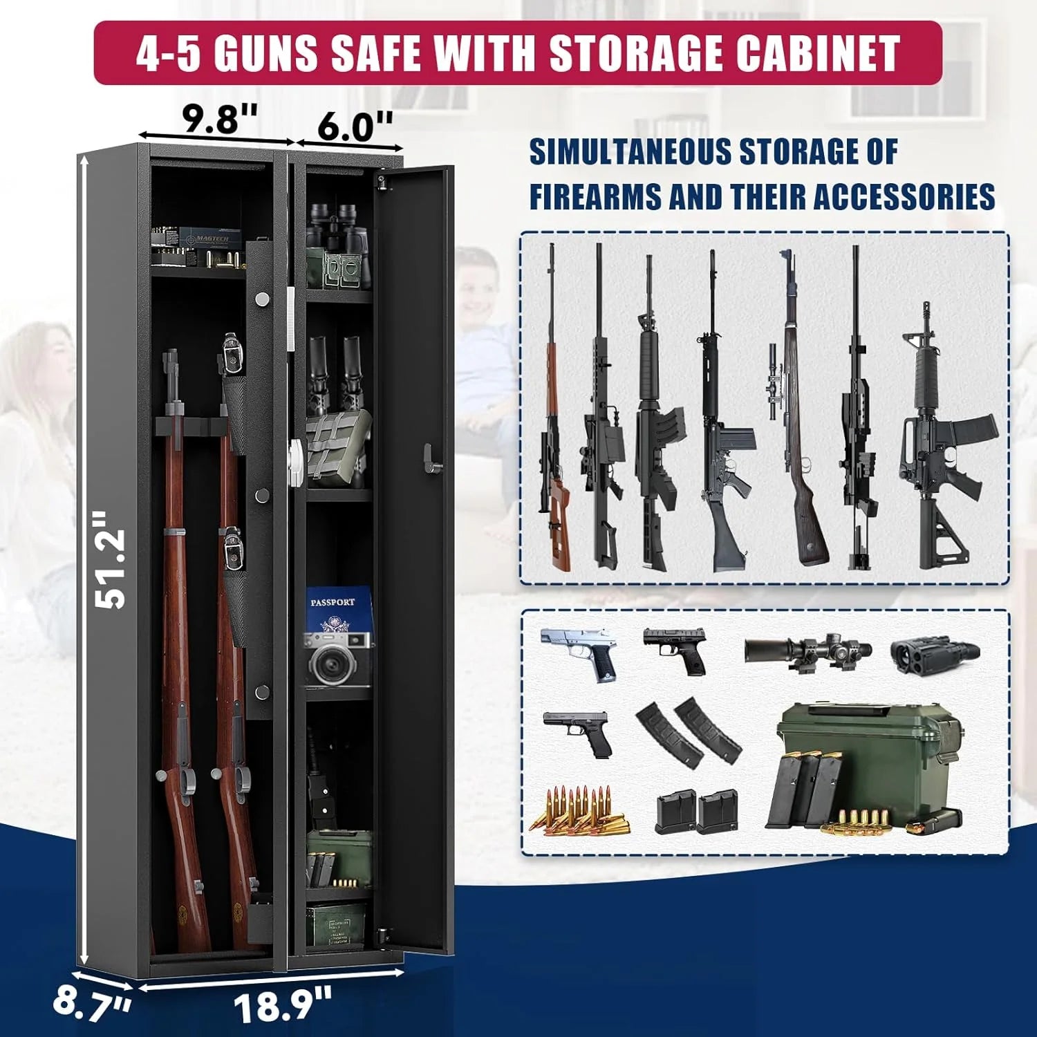 KaerWorld Combo Gun Safe, 4-5 Gun Safe, Gun Safe for Rifles and Pistols, Large Gun Safe for Home and Shotgun, Gun Safes & Cabinets, Quick Access Gun Safe With Removable Shelf and Gun Rack