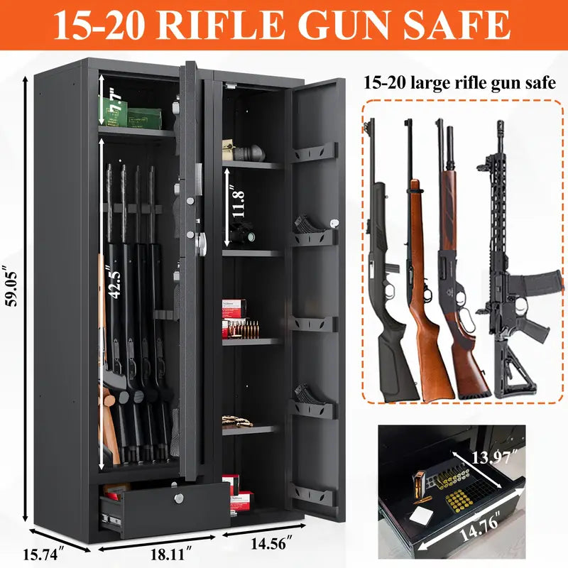 💖KaerWorld 15-20 Gun Safe - Large Gun Safe for Home, Rifles, Pistols, and Shotguns with Quick Access, Drawer, and Removable Shelf