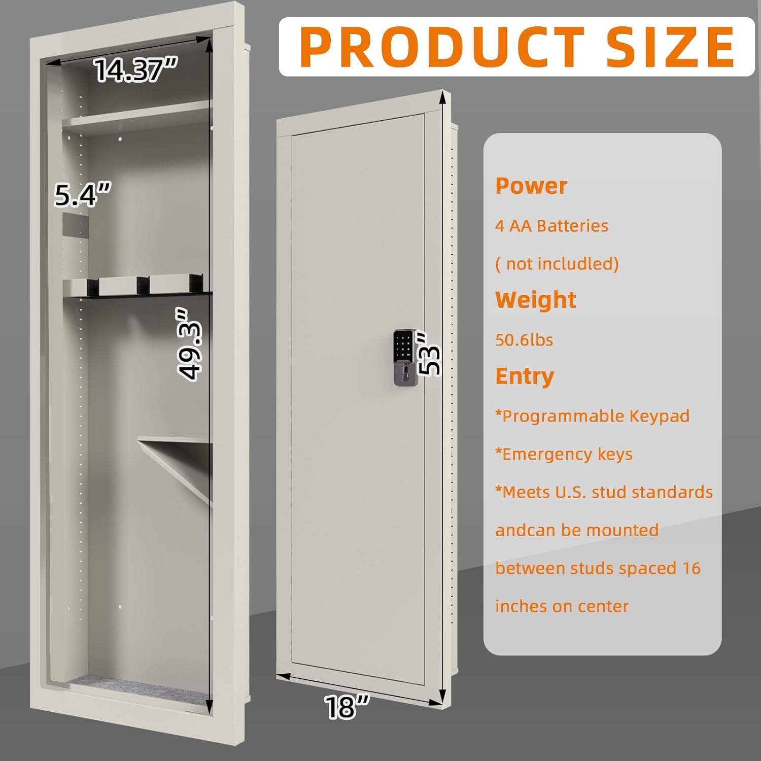 KaerWorld 53" Wall Gun Safe - In-Wall Safe for Rifles & Pistols with Adjustable Rack, Digital Keypad & Removable Shelf