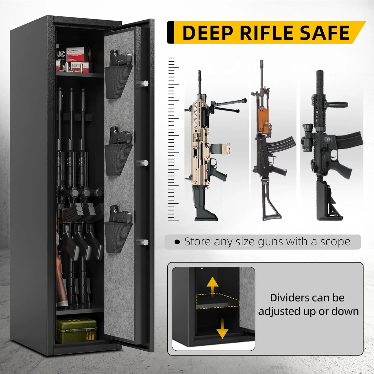 KaerWorld Deep Rifle Gun Safe for 2-4 Guns, Fits Rifles Safe With Scopes, Gun Safe for Rifles and Pistols, Gun Cabinet With 3 Pistol Pouches,Tall Steel Guns Safes With Quick Open Display Keypad