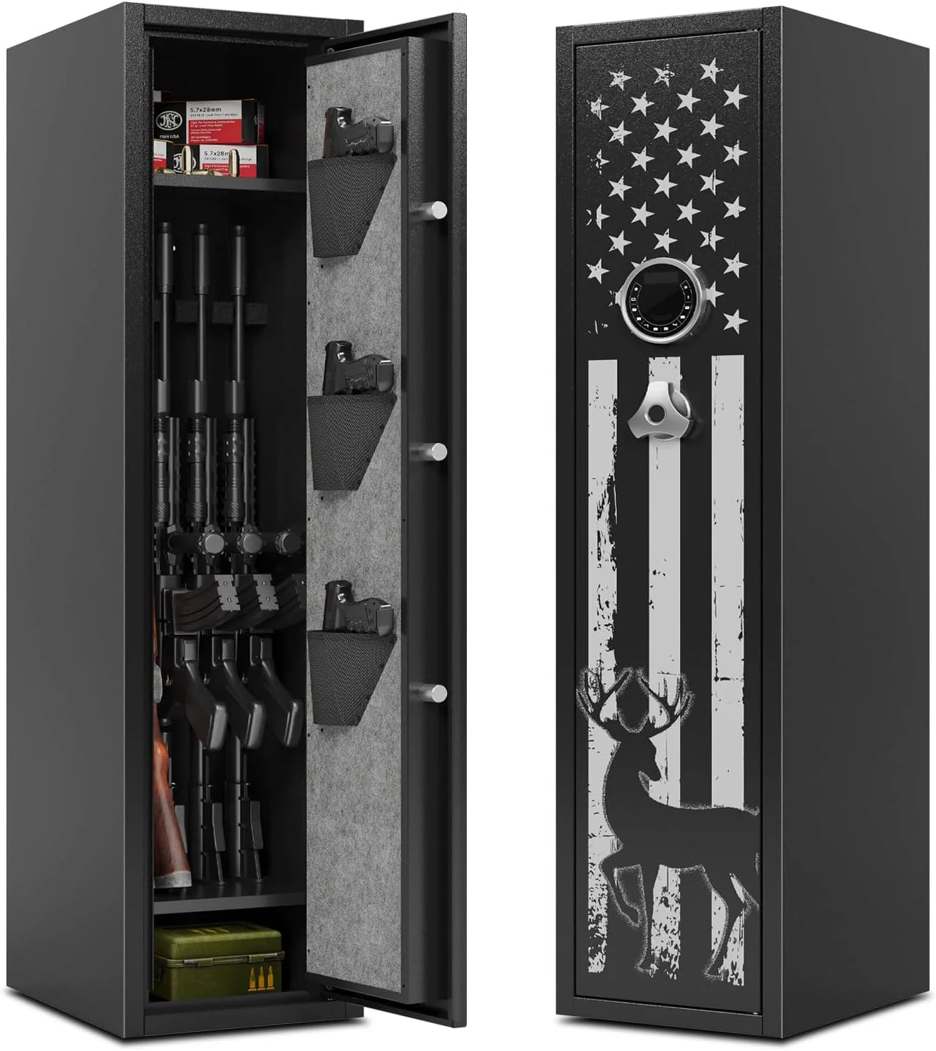 KaerWorld Deep Rifle Gun Safe for 2-4 Guns, Fits Rifles Safe With Scopes, Gun Safe for Rifles and Pistols, Gun Cabinet With 3 Pistol Pouches,Tall Steel Guns Safes With Quick Open Display Keypad