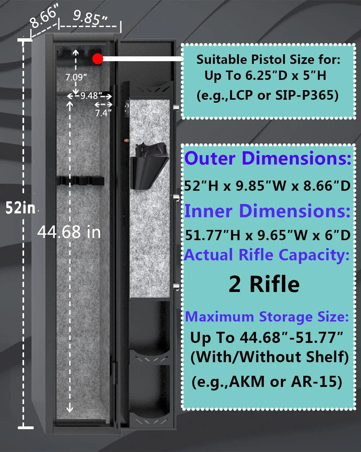 KaerWorld Gun Safes with 180-Degree Full Access Door and Removable Shelf for 2 Home Rifles and Pistols Digital Quick Access Electronic Firearm Safe with Pistol Rack and Ammunition Storage Shelves