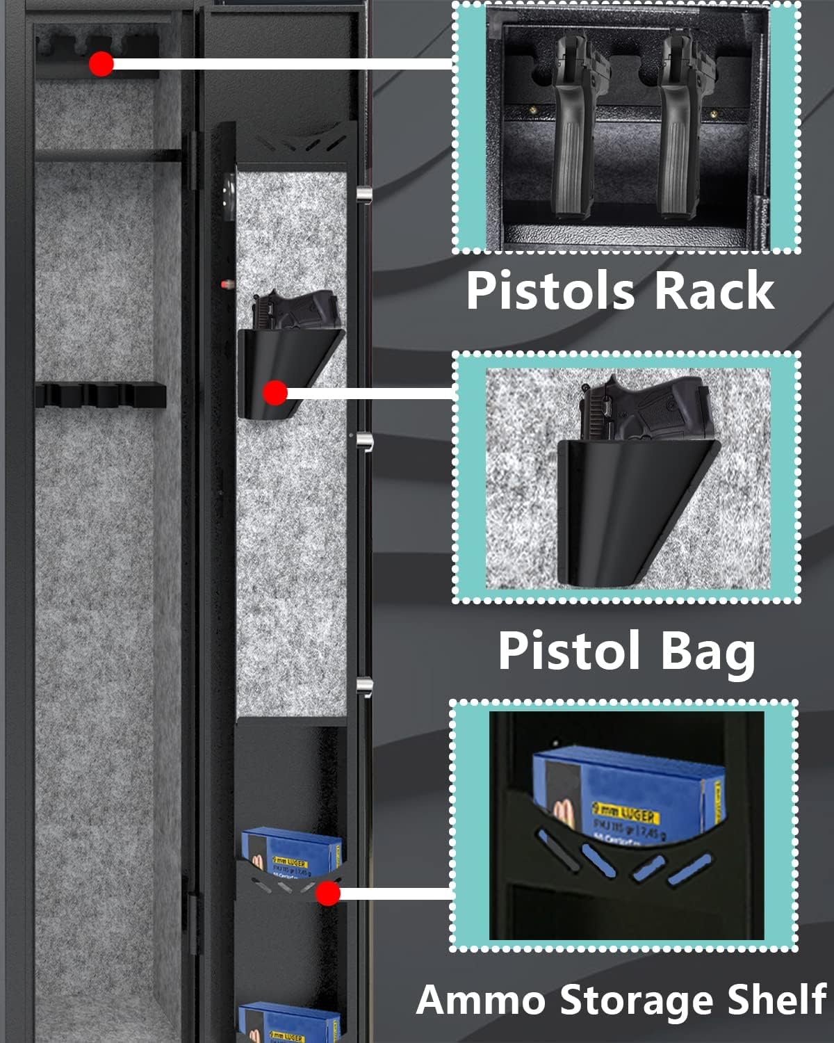 KaerWorld Gun Safes with 180-Degree Full Access Door and Removable Shelf for 2 Home Rifles and Pistols Digital Quick Access Electronic Firearm Safe with Pistol Rack and Ammunition Storage Shelves